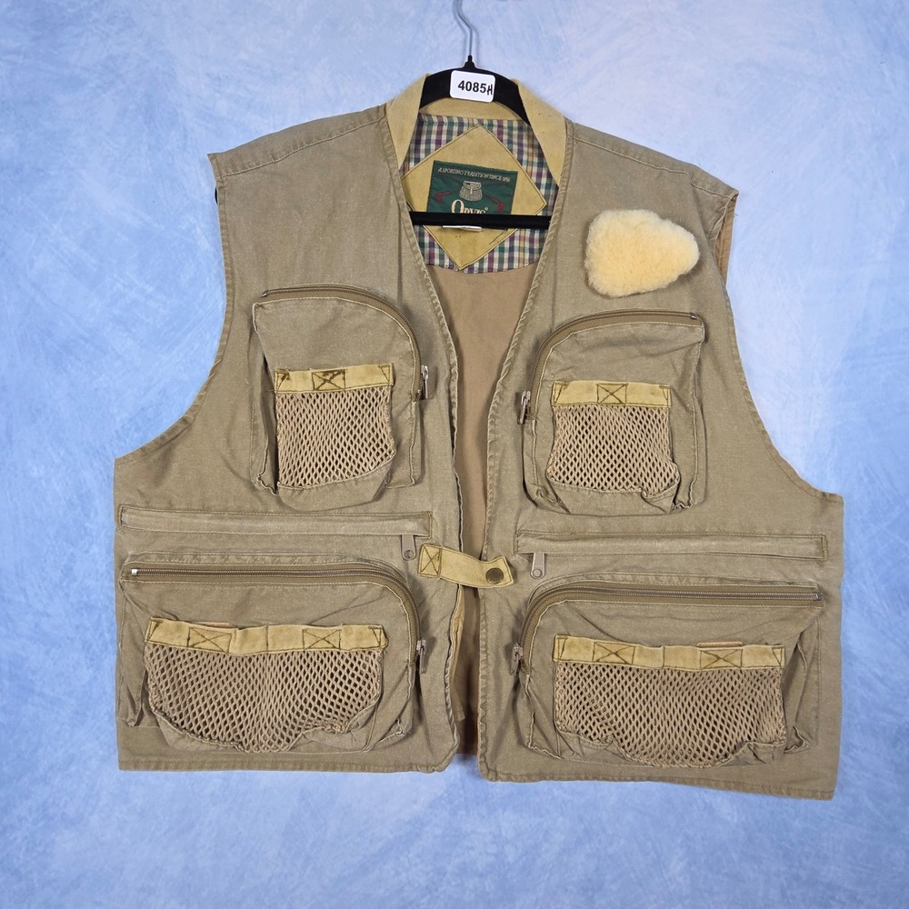 Orvis Men Khaki Cotton Fly Fishing Vest Large Multi Pocket Game Bag Plaid Lining